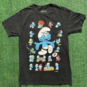 The Smurfs Graphic T-Shirt Mens Small Black Excellent Double Sided Print T-Shirt